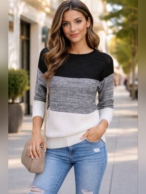 Shein Color Block Knit Sweater Black Gray White Pullover Size Small Fall Cozy